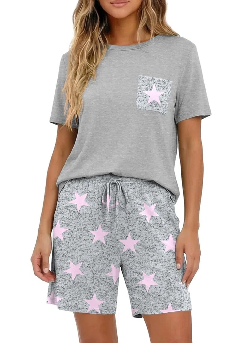 PrinStory Pigiama da donna a maniche corte, con scollo rotondo, abbigliamento estivo, maglietta e pantaloncini