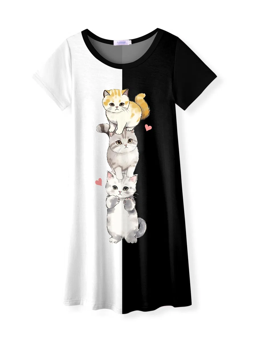 Arshiner Camicia da Notte per Bambine Pigiama A Maniche Corte per Bambini con Scollo Rotondo A Forma di Gatto E Unicorno 4-12 Anni