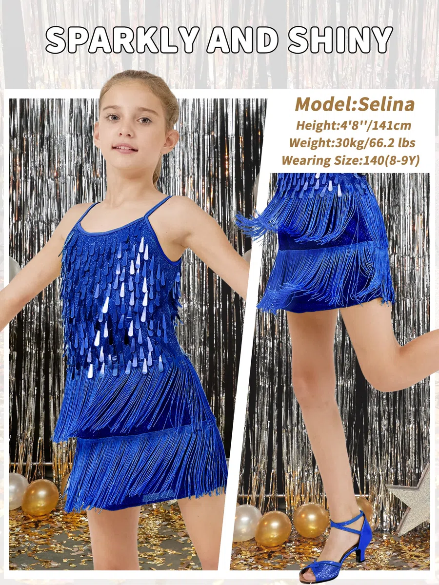 LOLANTA Ragazze Costume da Ballo con Frange di Paillettes, Abiti da Ballo Latino Salsa Rumba per Bambini, Mini Abito da Ballo Senza Maniche con Nappe e Pantaloncini