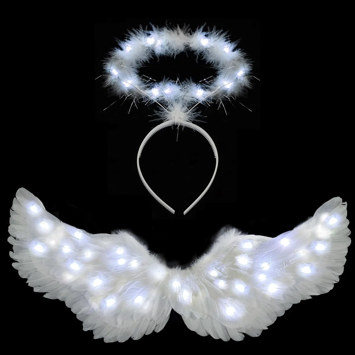 Ali d'Angelo, Ali d'Angelo Illuminate e Aureola, con Luci LED, 3 modalità di Illuminazione, Costume da Angelo Bianco, per Halloween, Natale, Cosplay, Feste