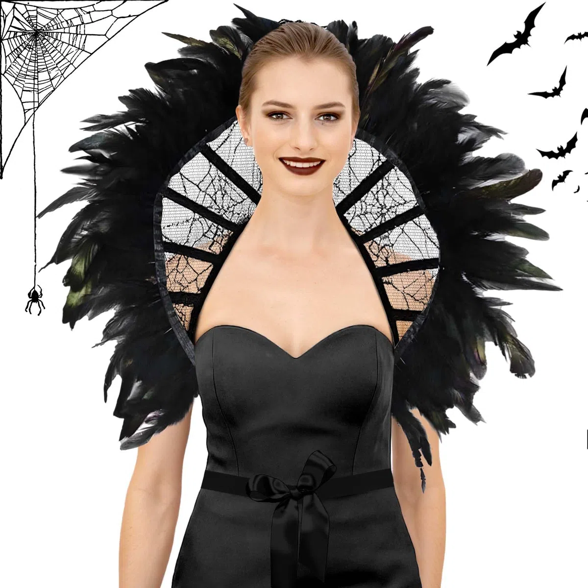 Colletto in pizzo, piuma, mantello gotico, mantello a ragnatela di Halloween, mantello vampiro, adatto per Halloween, carnevale, cosplay, maschera, spettacolo palcoscenico (nero)