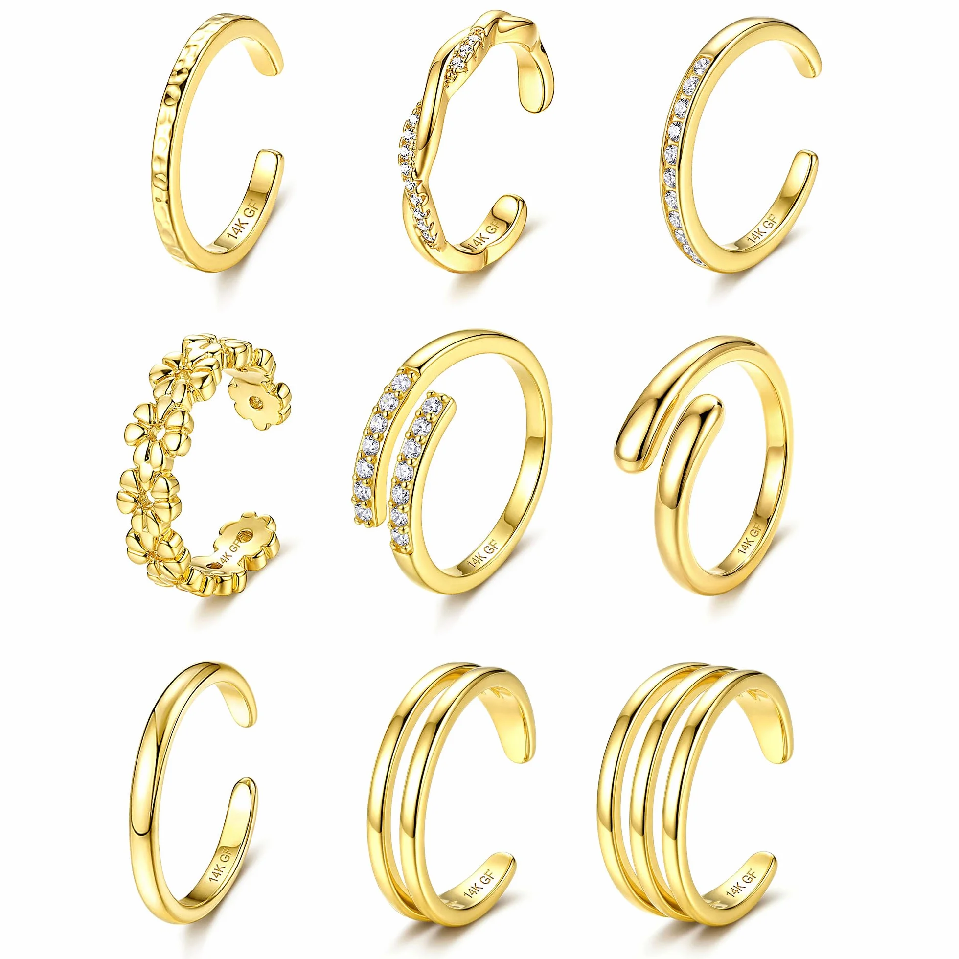 KRFY 9 Pezzi Anelli Piedi Donna Oro 14K Laminato Ipoallergenico Anti-Ossidazione Regolabile Aperti Anello Punta CZ Fiore Pollice Set Gioielli Piede Estate Spiaggia Oro Argento