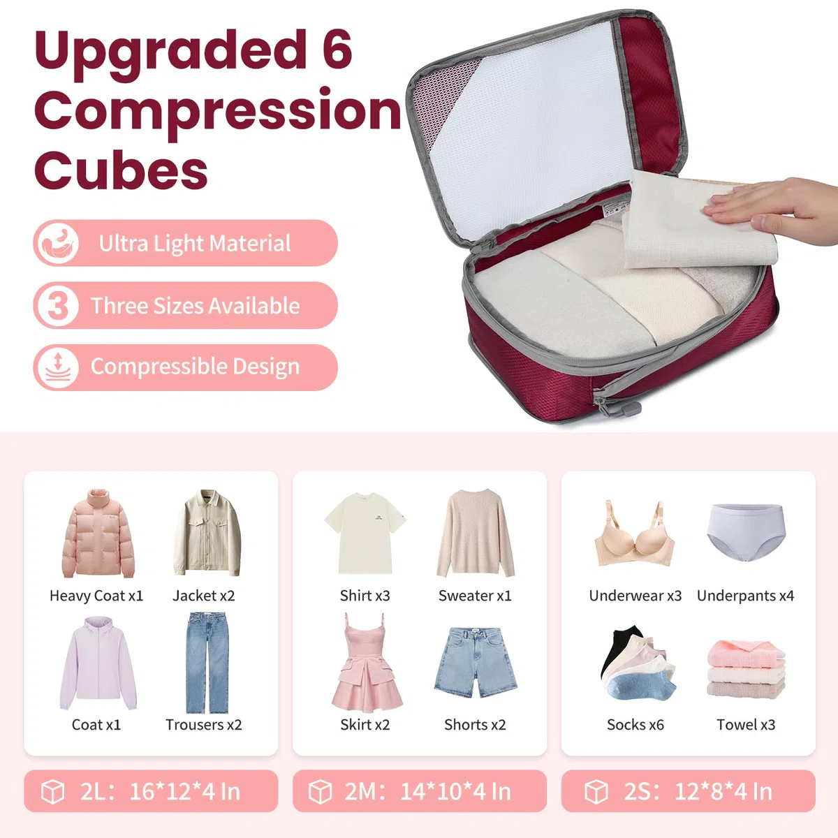 Set 6 Pezzi Cubi Compressionali Cavi Versatili, Design Apertura Totale Visibile, Salvaspazio E Leggeri, Materiale Cationico Personalizzato, Organizzatore Valigie Portatile E Resistente, Bordò