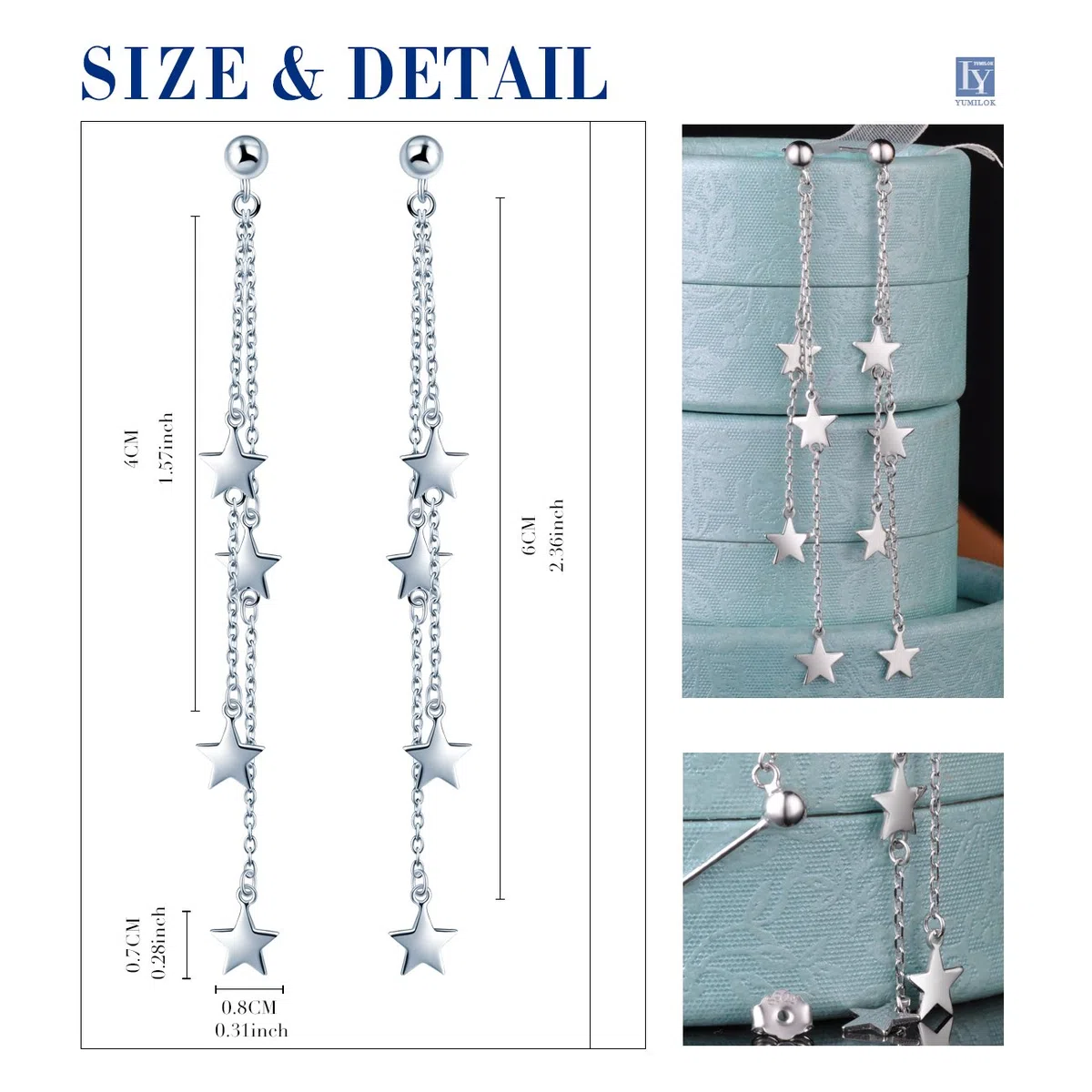 Yumilok, orecchini pendenti con stelle in argento sterling 925, ipoallergenici, per donne e ragazze-
