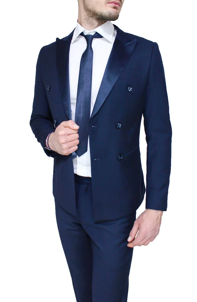 Abito Uomo Sartoriale in Raso Doppiopetto Completo Smoking Elegante Cerimonia