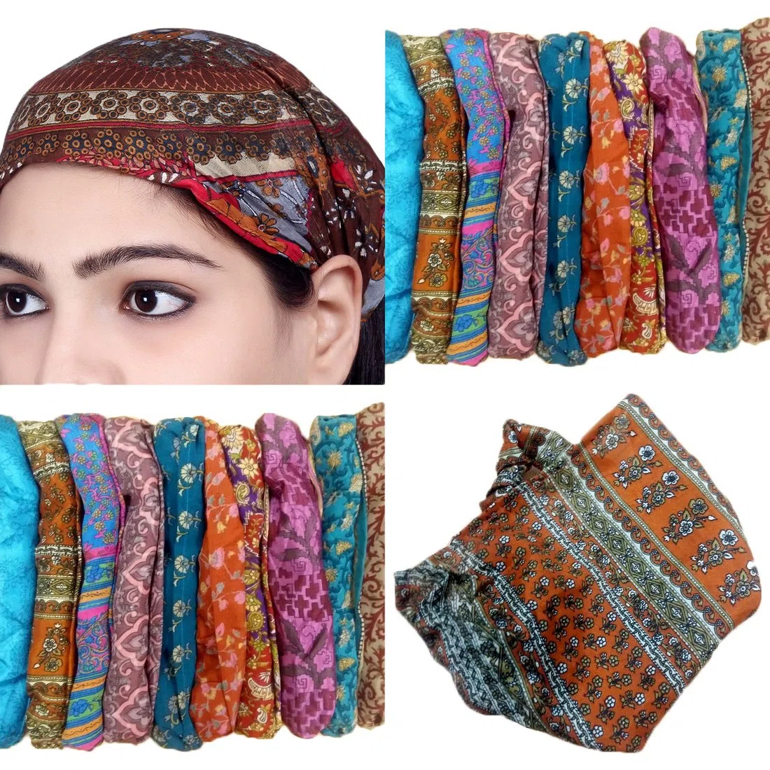 Sarjana, confezione da 10 fasce per capelli da donna e uomo, larghe fasce per capelli, bandana, colorate, bohémien, fasce per capelli (stampa in seta)
