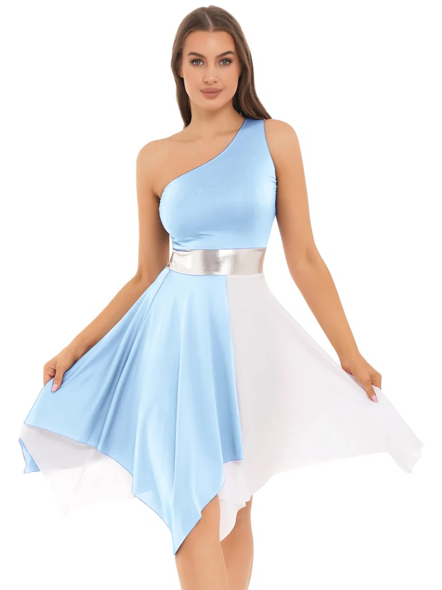ranrann Abito da Pattinaggio Artistico con Monospalla Donna Ballerina Vestito da Danza Moderna con Orlo Irregolare Abito da Spettacolo S -XXL