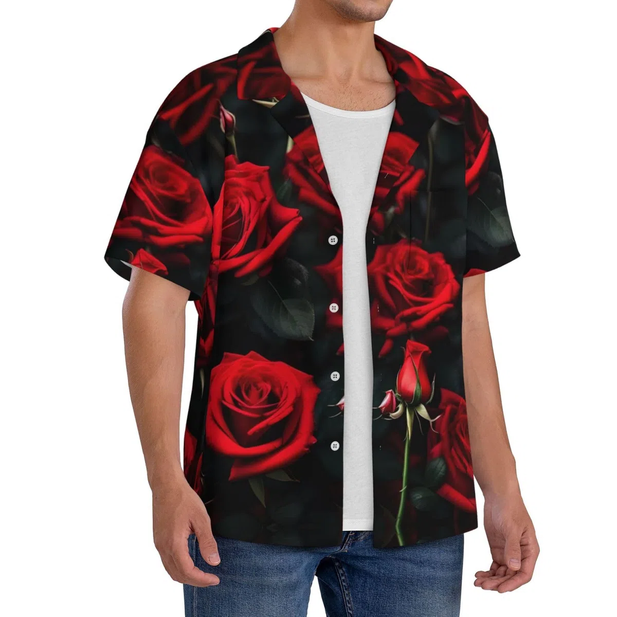 Camicie da uomo con fiori di rosa, stili classici hawaiani e cubani, abbigliamento casual e da vacanza, camicie a maniche corte da uomo con bottoni