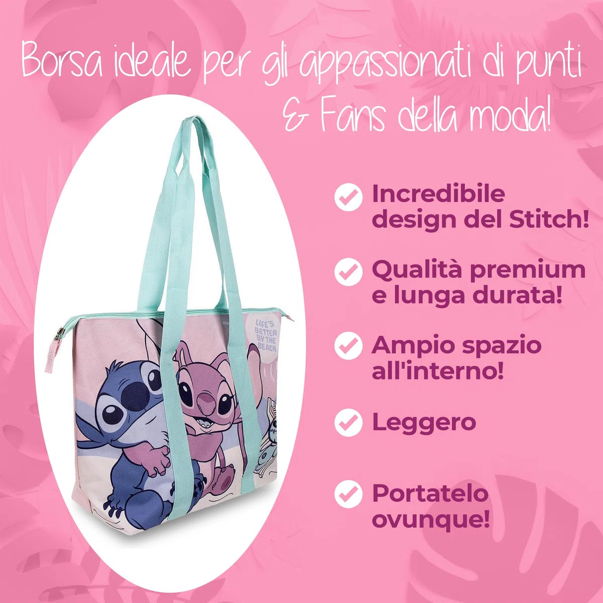 Borsa Stitch Regalo per Bambina e Ragazza – Grande Borsa Mare con Zip – Perfetta per Spiaggia e Vacanze