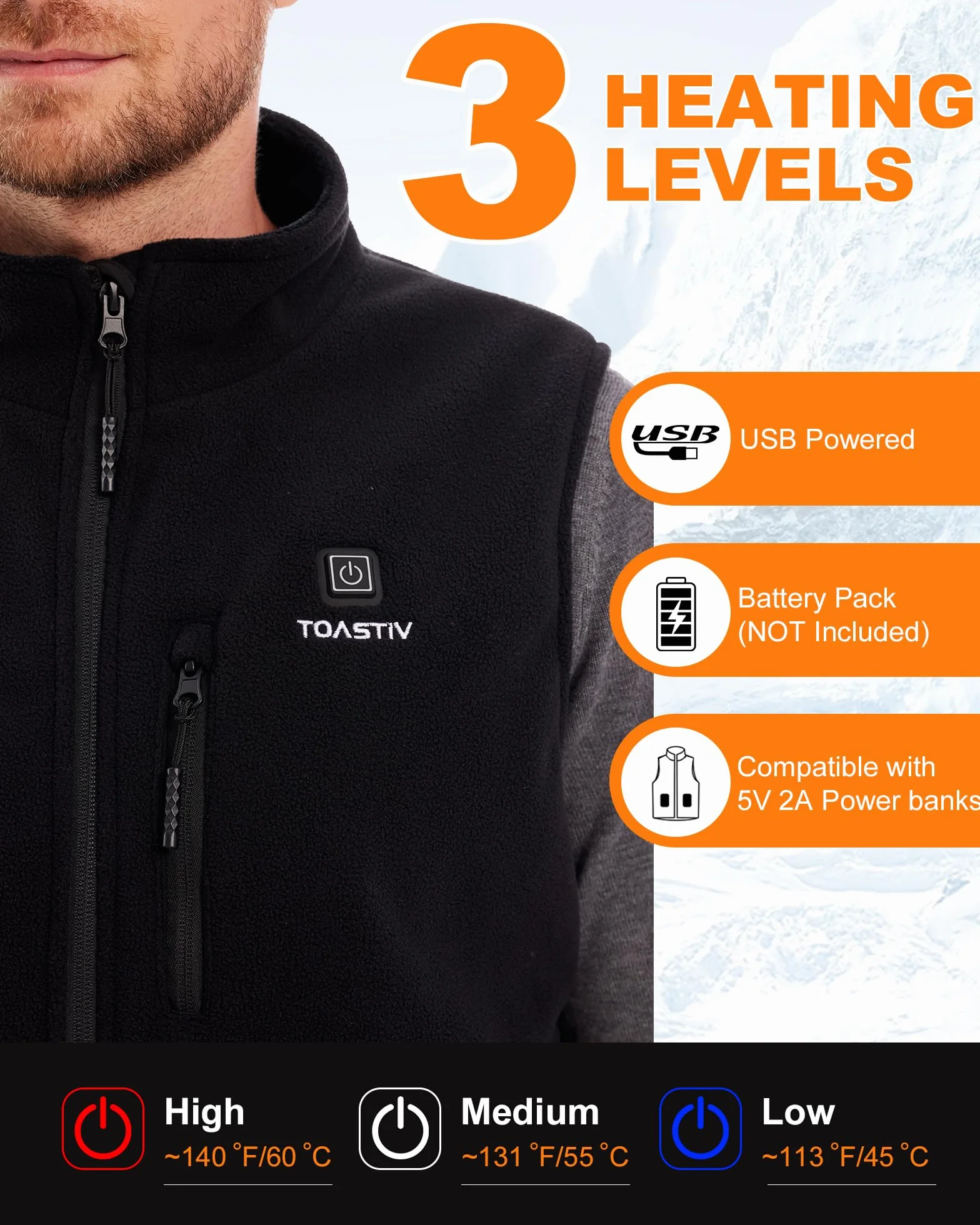 Gilet Riscaldato in Pile Uomo, Gilet Riscaldato Elettrico con 3 Temperature, 6 Zone di Riscaldamento, Giacca Riscaldata USB, Gilet Riscaldato per Attività Outdoor (Senza Batteria)