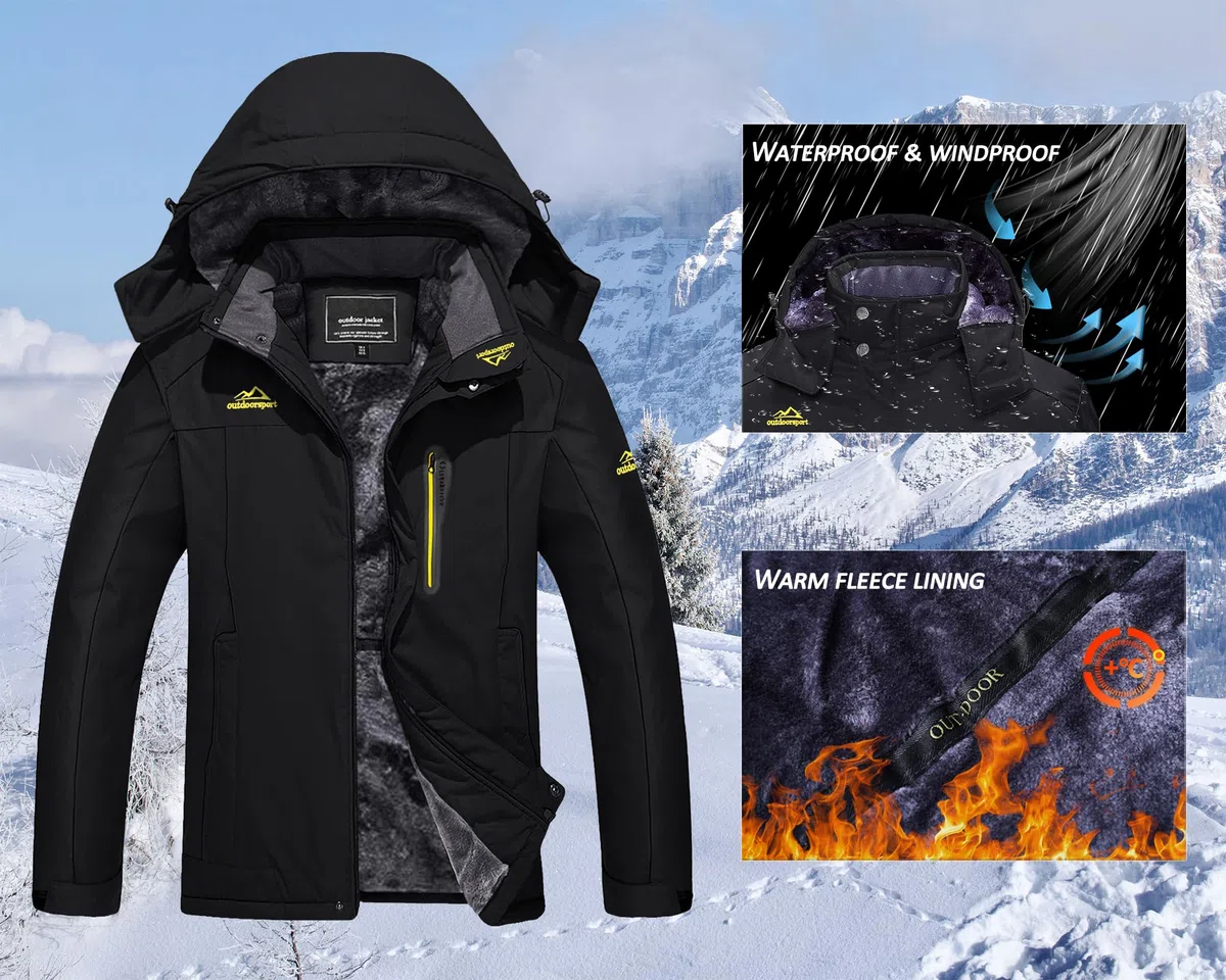 KEFITEVD Giacca da sci invernale da uomo, impermeabile, softshell, in pile, per snowboard, pesca, escursionismo, con cappuccio rimovibile