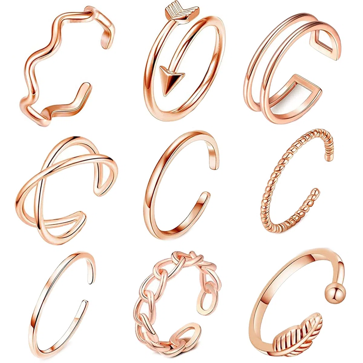 Set 9 Pezzi Anelli Donna Regolabili per Tutte le Dita, Gioielli Vintage, Aperti Impilabili in Oro Rosa, Piede