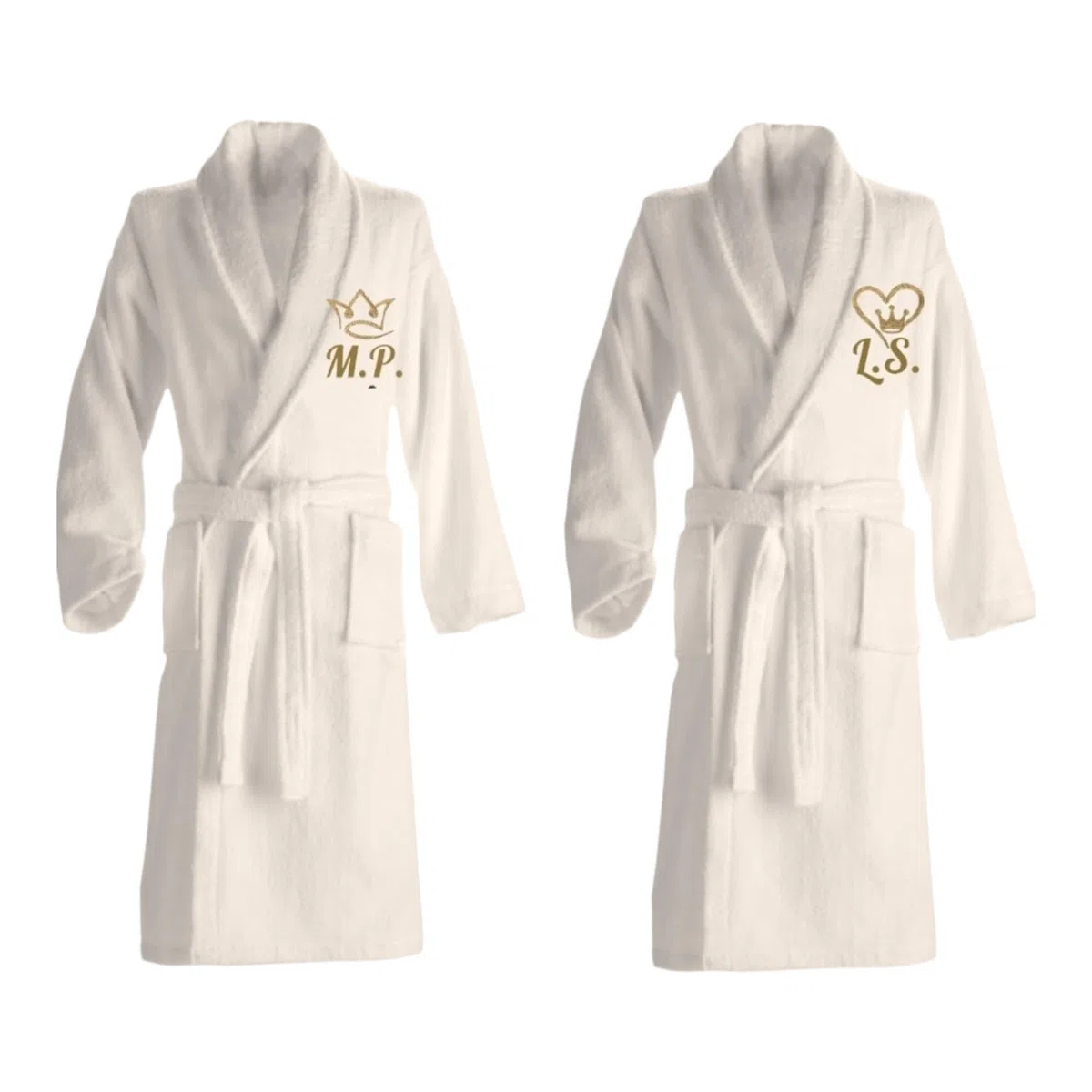 Set 2 accappatoi per coppia personalizzati. Accappatoio sciallato in spugna di cotone con ricamo Re e Regina. Da M a XXL