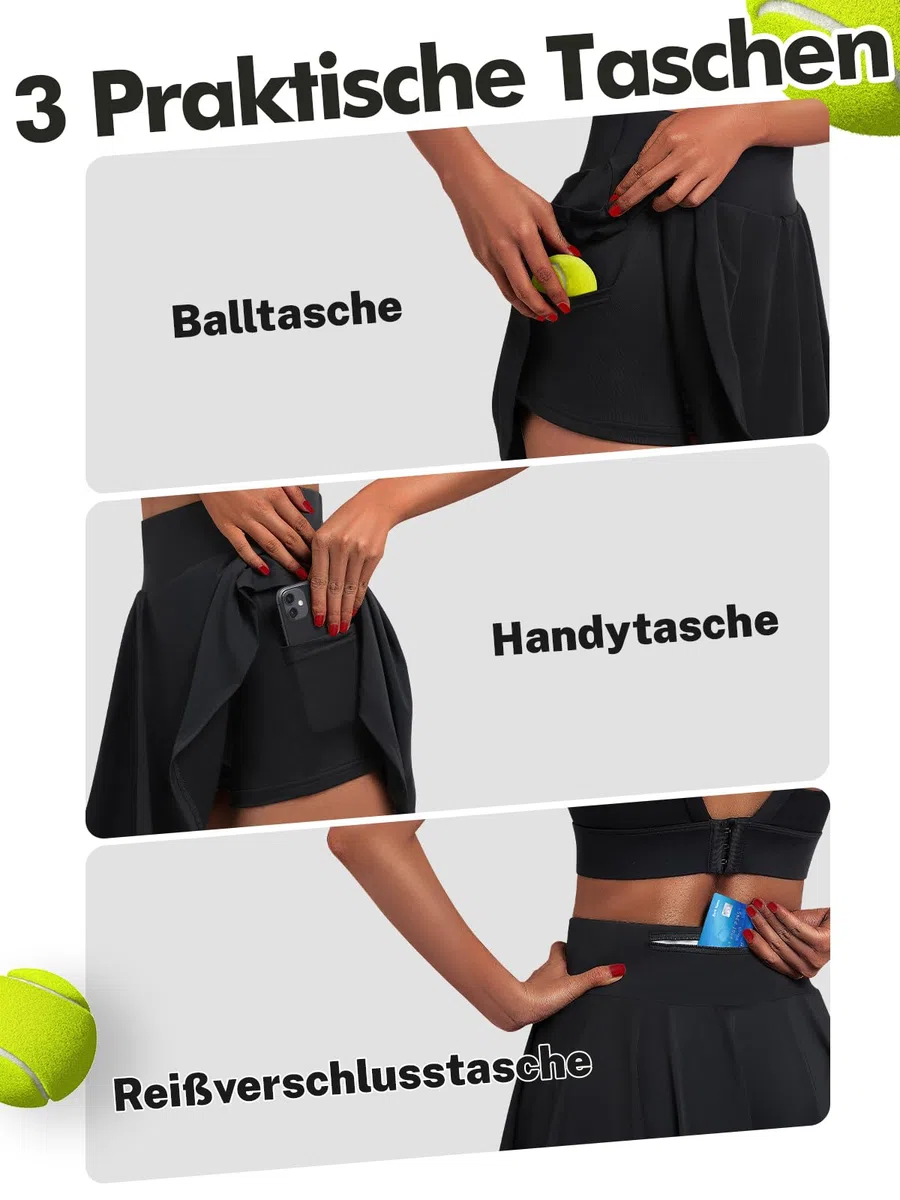 Gonna da tennis da donna con pantaloni, a vita alta, plissettata, da golf, con 3 tasche