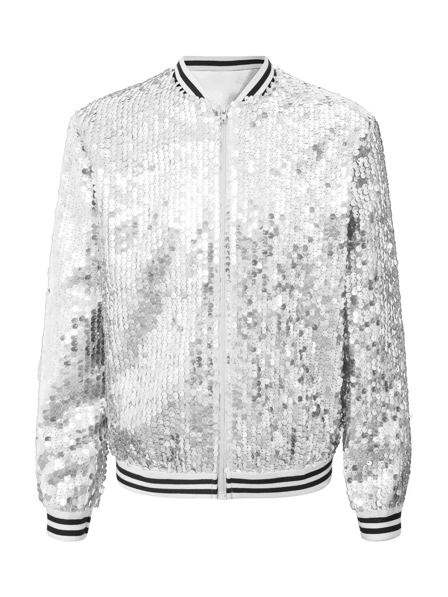 Giacca da baseball con paillettes per bambini e ragazzi, giacca da baseball con brillantini, giacca bomber lucida, blazer hip hop, discoteca, jazz