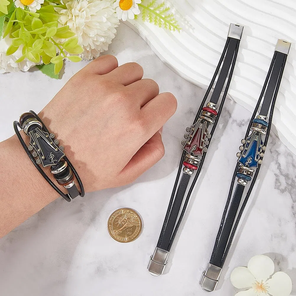 Bracciale Avvolgente in Pelle PU con Chitarra retrò, Stile Punk, Multistrato, Rock, Musica, Etnico, Tribale, Impilabile, Intrecciato, per Uomo, Regalo per Appassionati di Musica