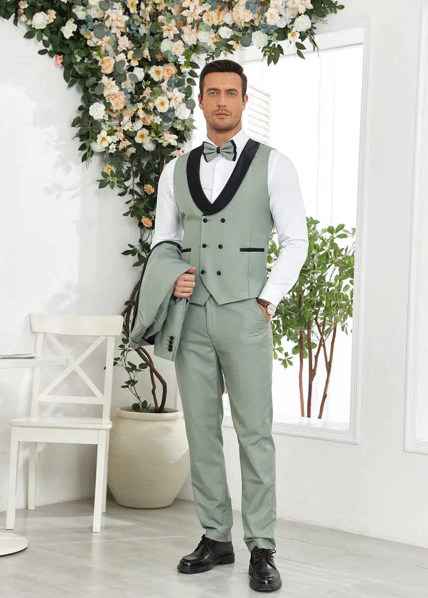 Smoking da uomo in 3 pezzi, vestibilità aderente, per matrimoni, balli, cene, doppiopetto, con papillon