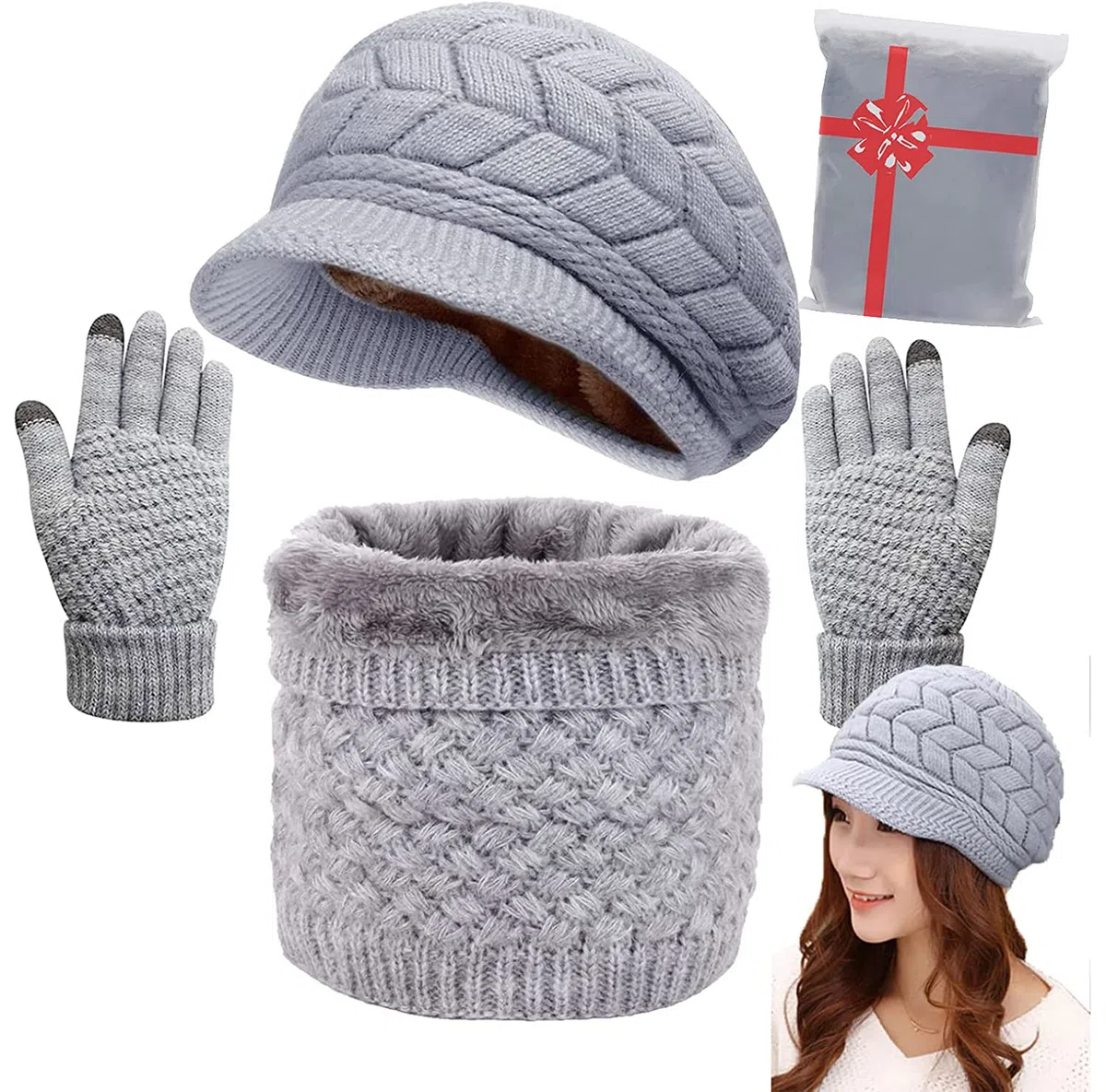 CheChury Cappello Sciarpa e Guanti Touch Screen Donna Invernali Berretto in Maglia con Sciarpa Beanie Con pompon Collo della Ciarpa 3 Pezzi per Donna Infinity Scaldacollo Morbido Tessuto