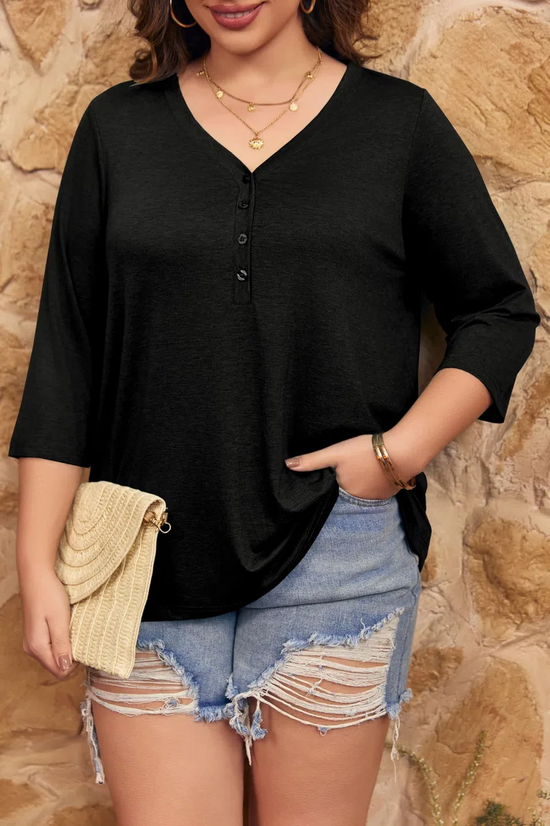 Fisoew Maglietta da Donna con Maniche a 3/4, con Scollo a V, con Bottone, Oversize, a Maniche Corte