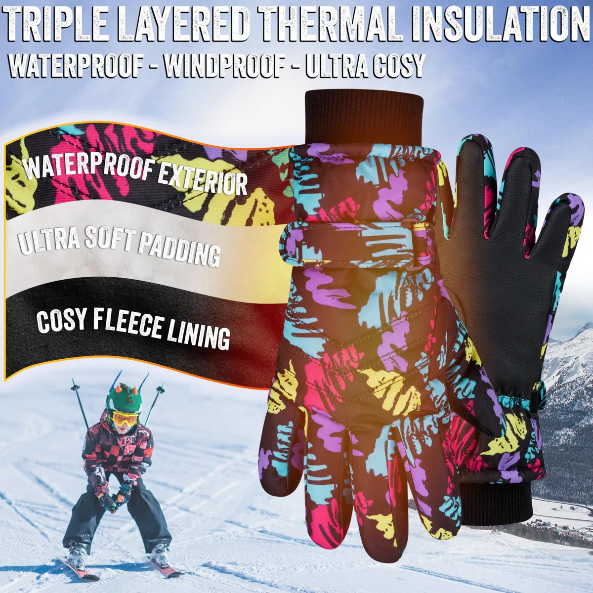 CityComfort Guanti da Sci per Bambine e Ragazze - Guanti Invernali Termici Impermeabili con Touch Screen per Neve Guanti Snowboard Freddo 6-15 Anni