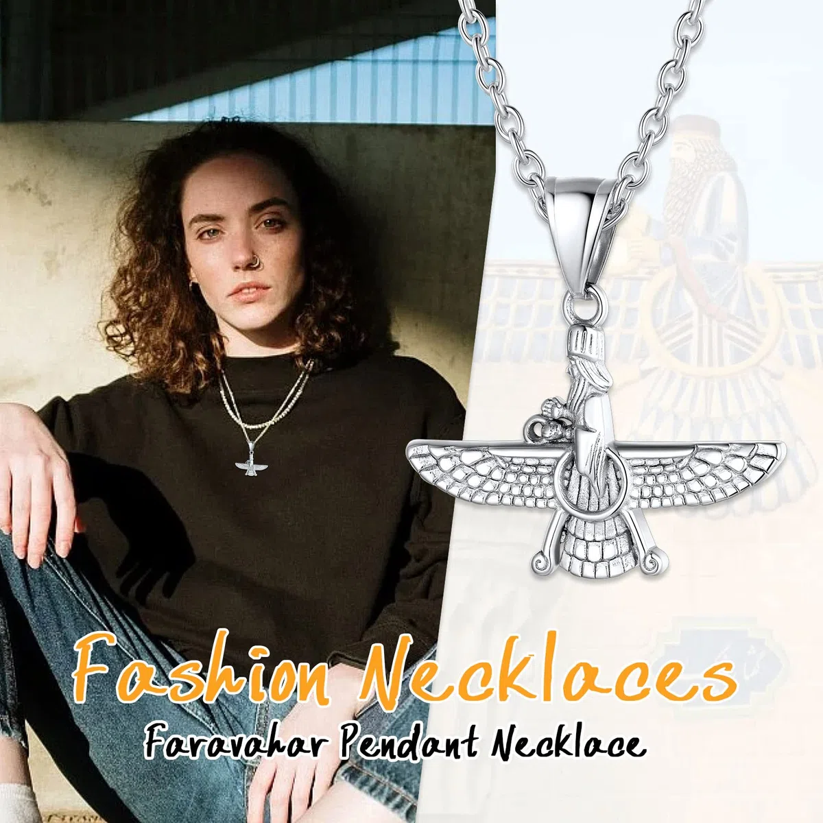 U7 Collana Pendente Faravahar Iraniano Cindolo + Catena di Grano Lunghezza Regolabile Larghezza 3 MM Sottile Acciaio Placcata Oro 18K con Confezione Religioso Collana Uomo Argento Nero Oro