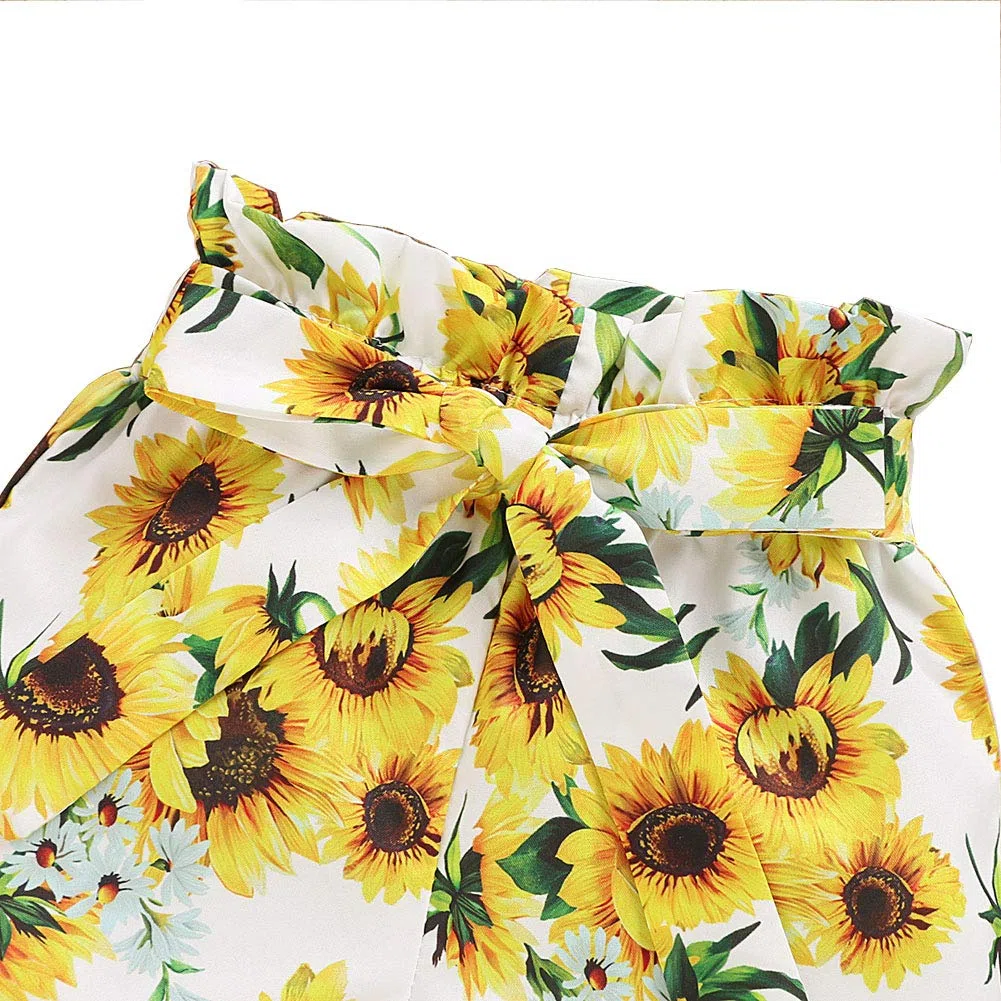 ANUFER 3pcs Ragazza Bambini Set di Abbigliamento Luminoso Giallo Girasole Bambina Outfits Canottiere + Pantaloni Corti + Fascia per Capelli