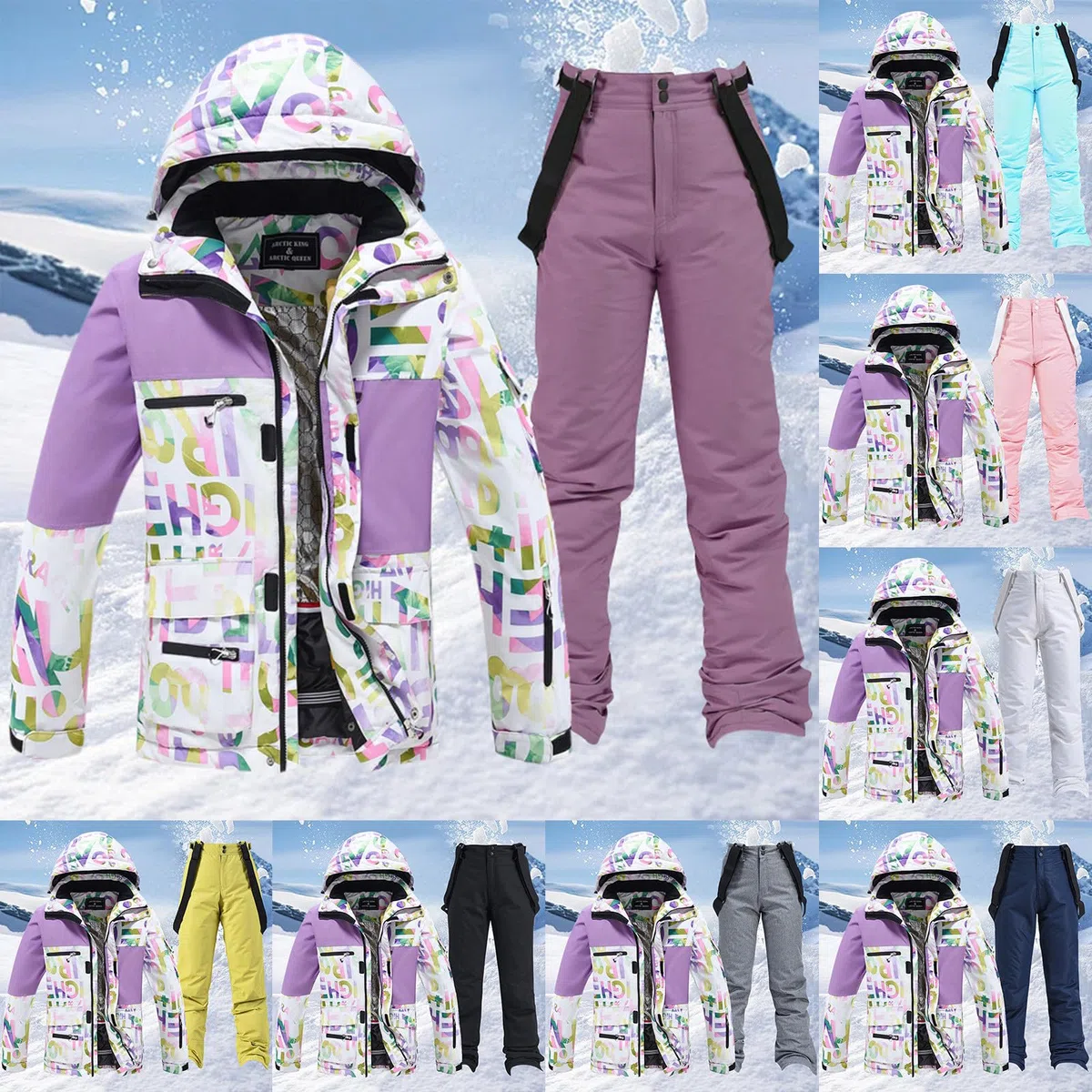 Tuta da sci per uomo e donna, set da 2 pezzi, tuta da neve, giacca da neve, traspirante, antivento, con cappuccio, per sci, snowboard