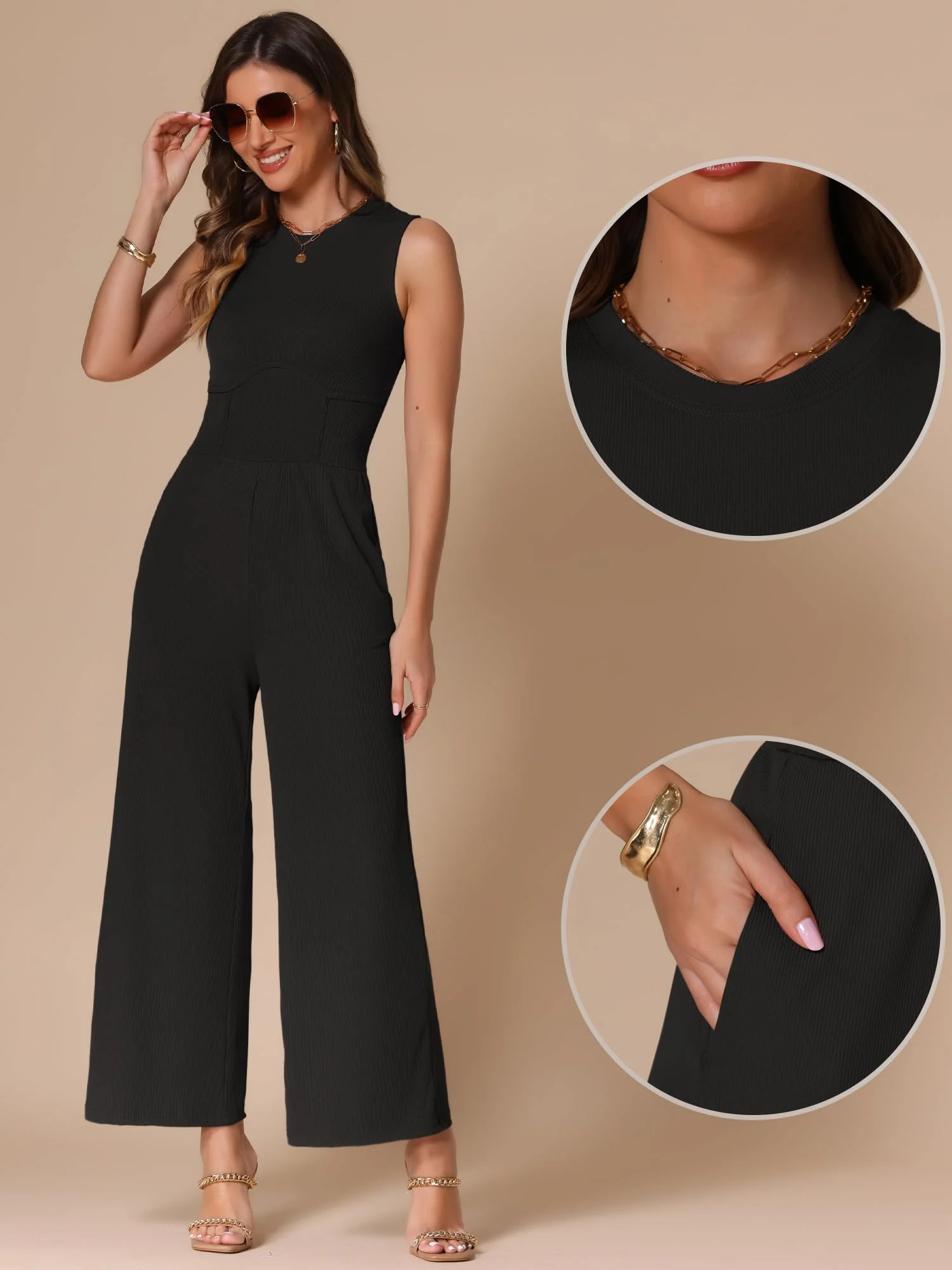 Allegra K Donna Tuta Estiva Elegante Casual Un Pezzo Abiti Senza Maniche Girocollo Pantaloni A Gamba Larga