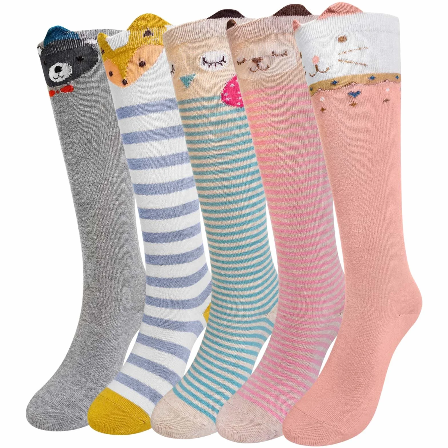 LOFIR Calzini Ginocchio Bambina Ragazze: Calze Lunghe Senza Cuciture in Cotone per Bimba - Calzettoni Gambaletto Invernali con Righe Divertenti Colorati Animali per Natale Regali 5 Paia 23-38