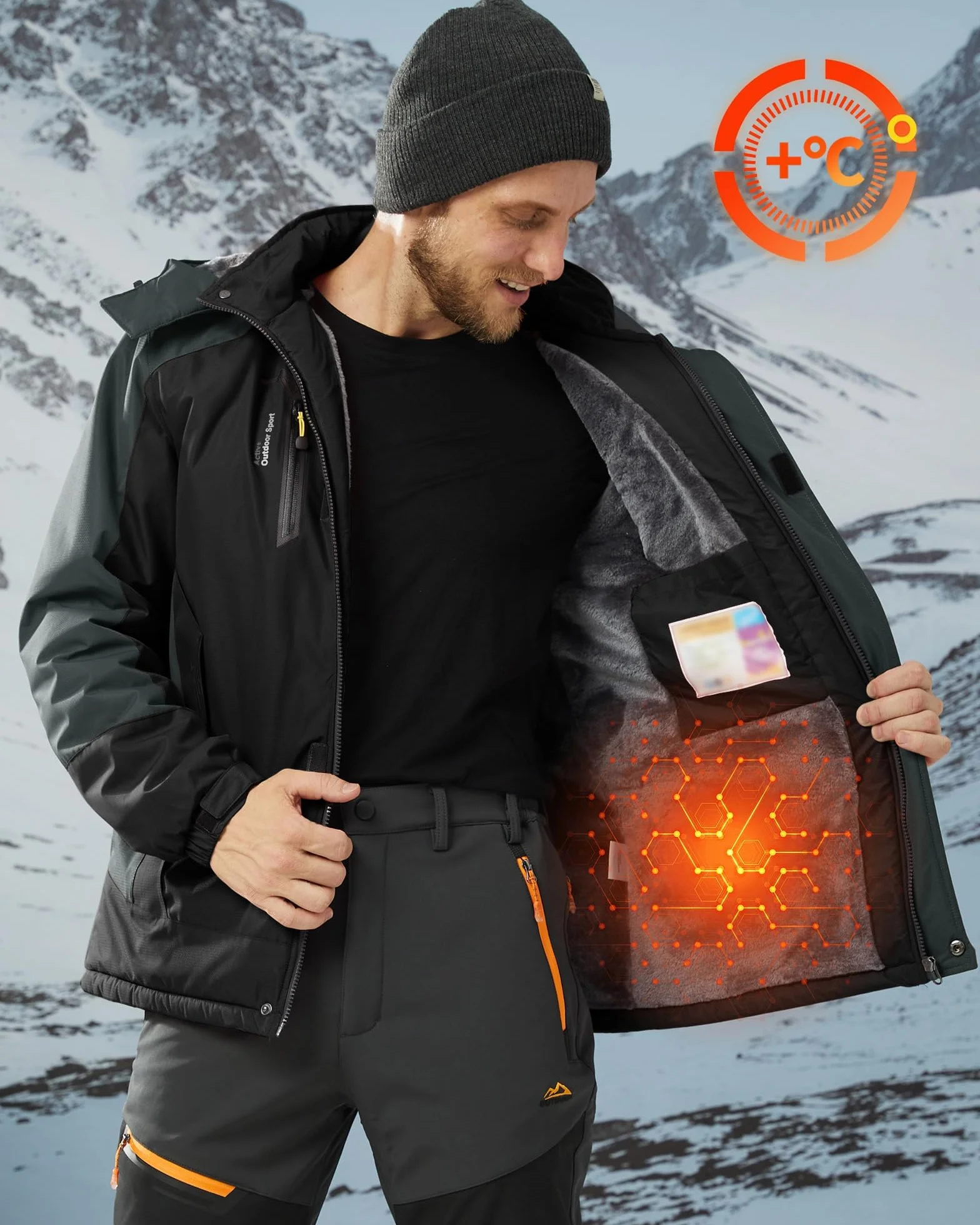 KEFITEVD Giacca Invernale Uomo Giacca da Sci Impermeabile Calda Foderata Outdoor con Cappuccio Staccabile Softshell Giacca Invernale in Pile