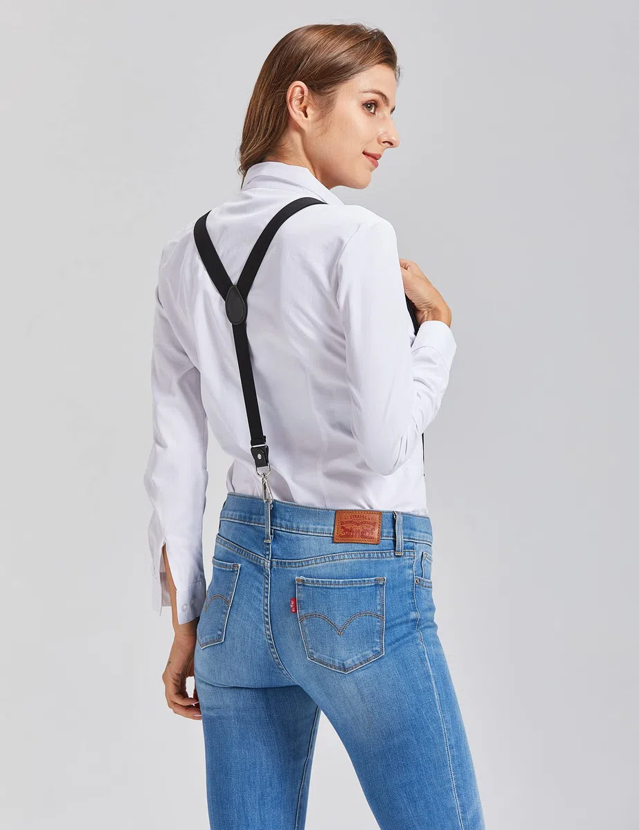 Bretelle da donna e da uomo, extra forti, 2,5 cm, con moschettone, cinghie elastiche per jeans