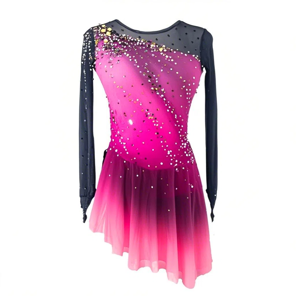LIUHUO Vestito da pattinaggio artistico, da donna, elegante, sfumato, con cristalli di qualità, gonna da competizione