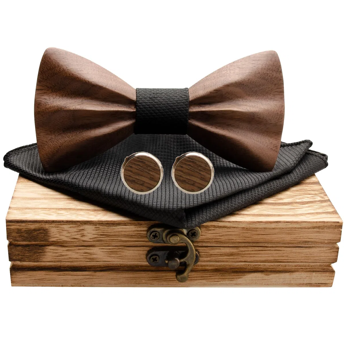 Mr.Van Papillon in Legno Uomo, Naturale Legno di Noce Nero,Gemelli,Fazzoletto,Papillon set,Per lo Sposo,Groomsmen con Confezione Regalo per Gli Uomini Matrimoni e Affari