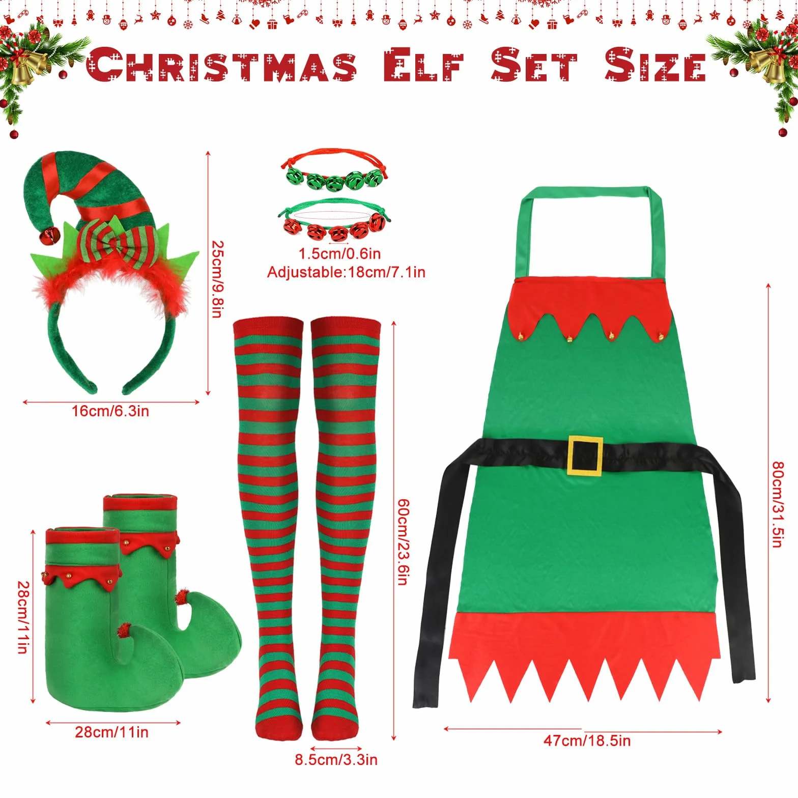 Costume Elfo Donna Uomo,Grembiule Natale Elfo Grembiule Cerchietto Elfo Calze Scarpe Elfo Costume Natale Accessori Elfo Cosplay Festa di Natale per Adult