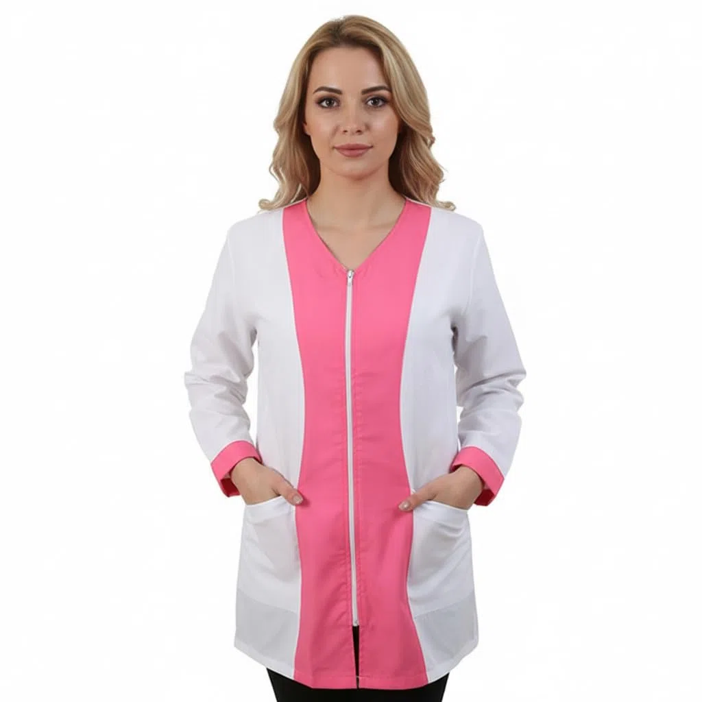 Camice da Lavoro Professionale, Bi-color, con Zip e Tasche, Manica Lunga