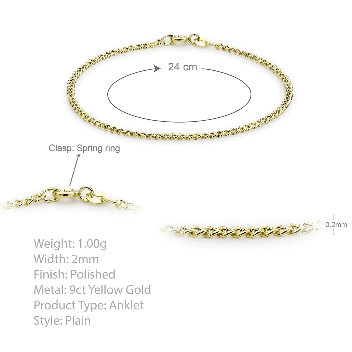 CARISSIMA Cavigliera da donna in oro giallo 9 ct con catena curb semi-forata, 24 cm
