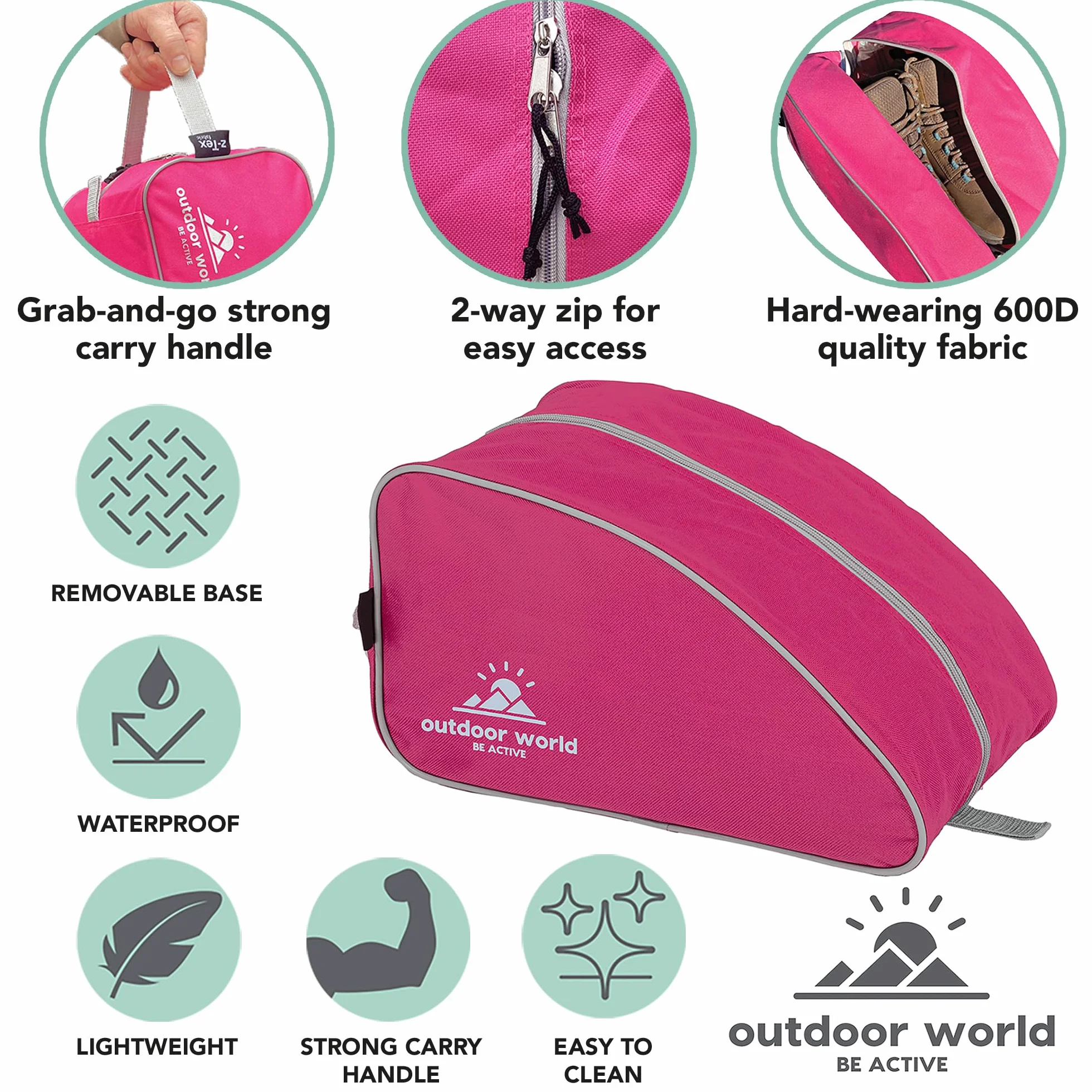Outdoor World Borsa per Scarponi Premium - Ampia Apertura con Zip Resistente all'Acqua Unisex - Borsa per Scarpe da Trekking Camminata Calcio Rugby Golf Scarpe da Ginnastica Uomo Donna (Rosa)
