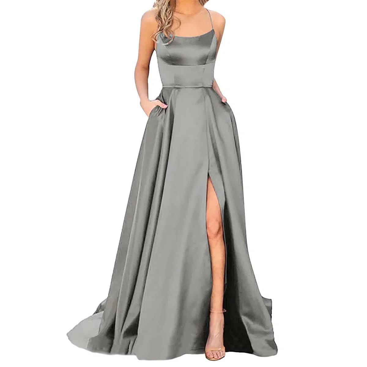 Abito da ballo da donna in raso con spalline sottili e schiena scoperta, design a fessura lunga, silhouette elegante, perfetto per occasioni formali