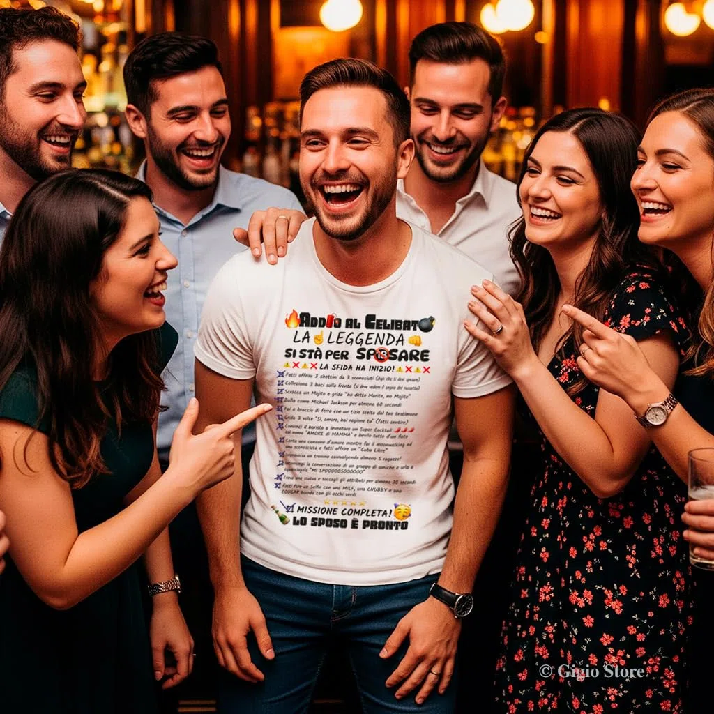 Maglietta Gioco Addio al Celibato Sposo con Lista Missioni Challenge e Penitenze