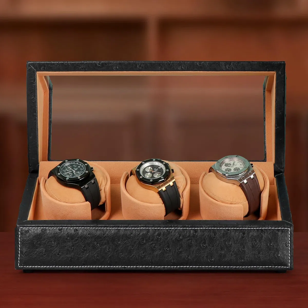 Caricatore automatico per orologi Rolex e altri orologi di lusso, carica automatica con motore silenzioso, esterno in pelle di struzzo nera di alta qualità e morbidi cuscini flessibili in