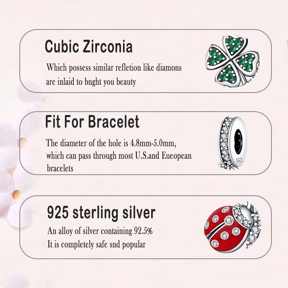 LNQOBU Ciondolo in Argento Sterling 925 Charm Bead con Bracciale e Collane Europei da Donna,Perline Intarsio con 5A Zircone per Donna Perline