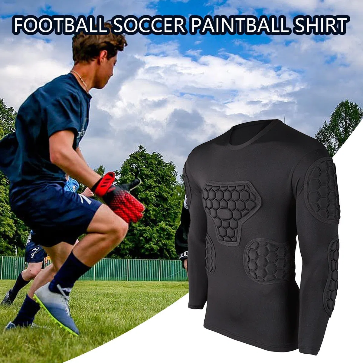 Maglia Da Calcio Imbottita - Maglia A Compressione Da Calcio Nera A Maniche Lunghe, Maglia Da Calcio Imbottita Per Adulti E Bambini | Maglia A Compressione Imbottita Da Calcio, Maglia Da Uomo Con Spal