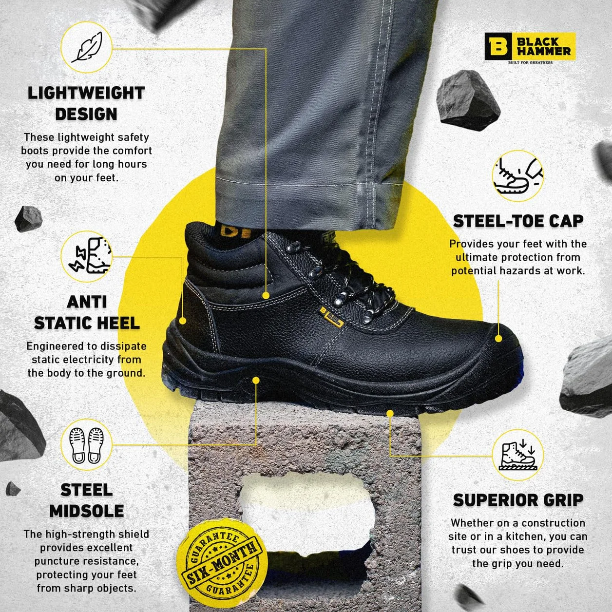 BLACK HAMMER Scarponi Antinfortunistici da Uomo Materiale in Pelle Punta in Acciaio Calzature S3 SRC 1400 Nero