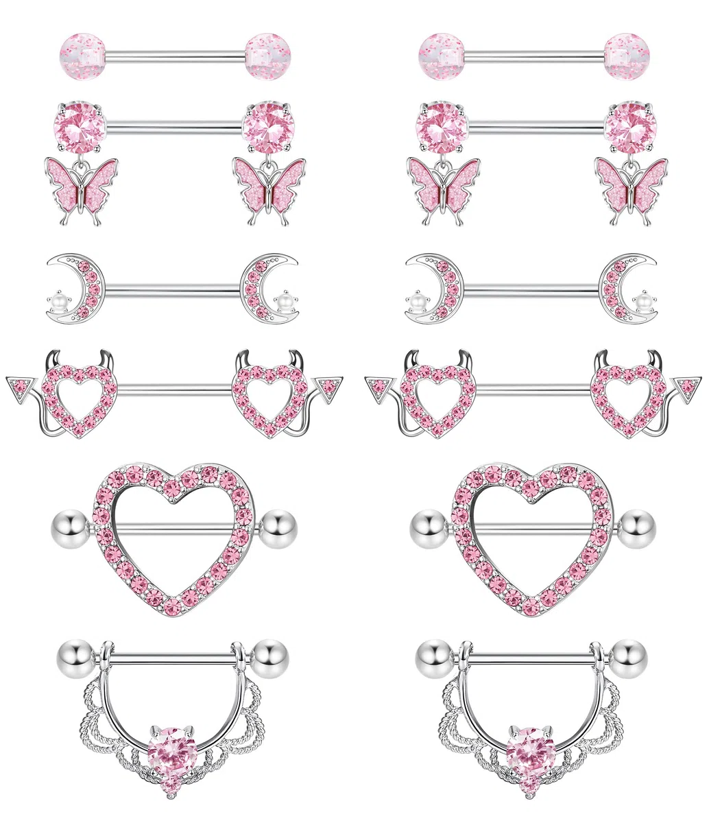 CASSIECA 6 Paia 14G Piercing Capezzoli per Donna Barre per Capezzoli Gioielli per Piercing Capezzolo Acciaio Chirurgico Barbell Piercing Carino Dangly Barbells Cuore Fiore Luna Corpo Piercing Barbell