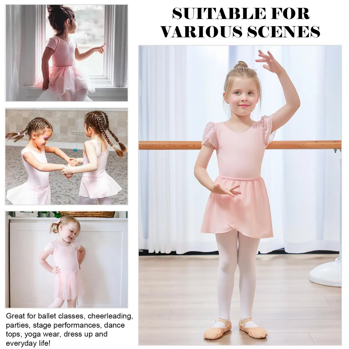 Bezioner Body Danza Classica Bambina con Gonna Rimovibile Vestito da Balletto Gonnellino Danza Manica a Sbuffo