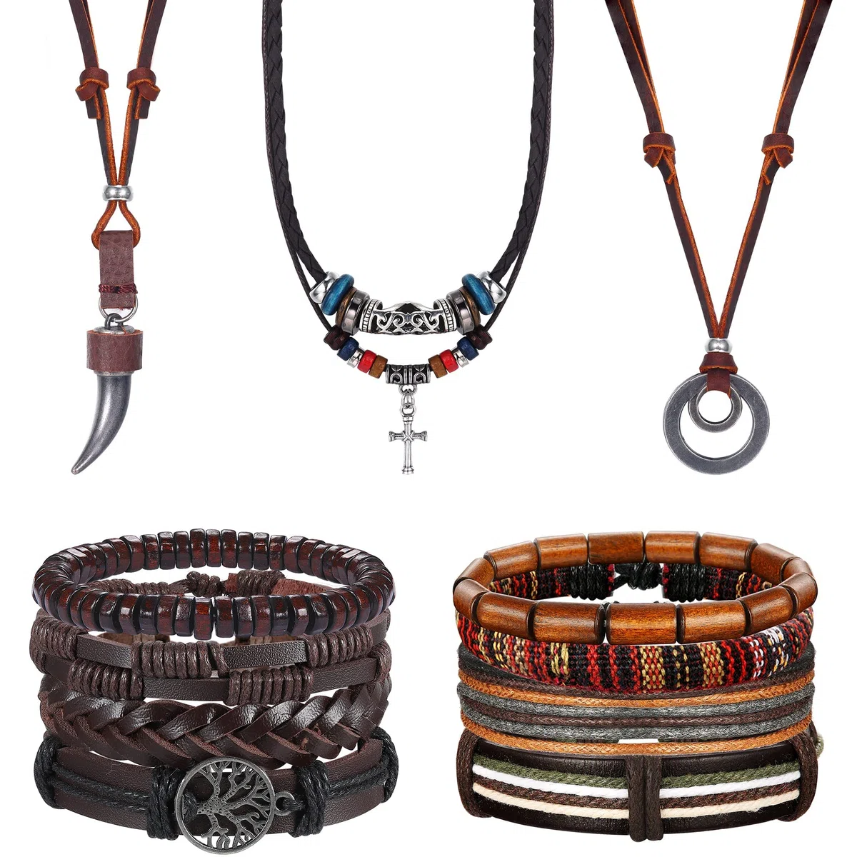 Kakonia 11 Pezzi Bracciale In Pelle Collana In Pelle Uomo Donna Set Di Gioielli Bracciale Intrecciato Etnico Boho Intrecciato Collana Con Braccialetti Regolabili Fatti A Mano