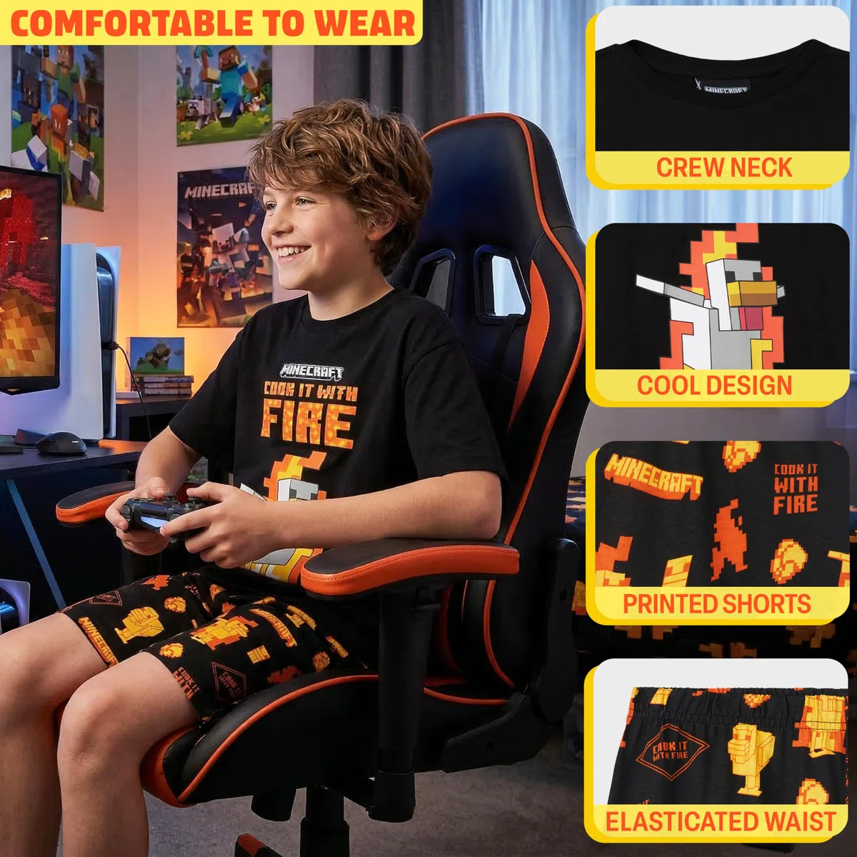 Minecraft Corto Pigiama Ragazzo, Confezione Multipla Morbido Pigiami Estivi Bambino con Maglietta e Pantaloncini, Abbigliamento Notte, Regalo Ragazzo