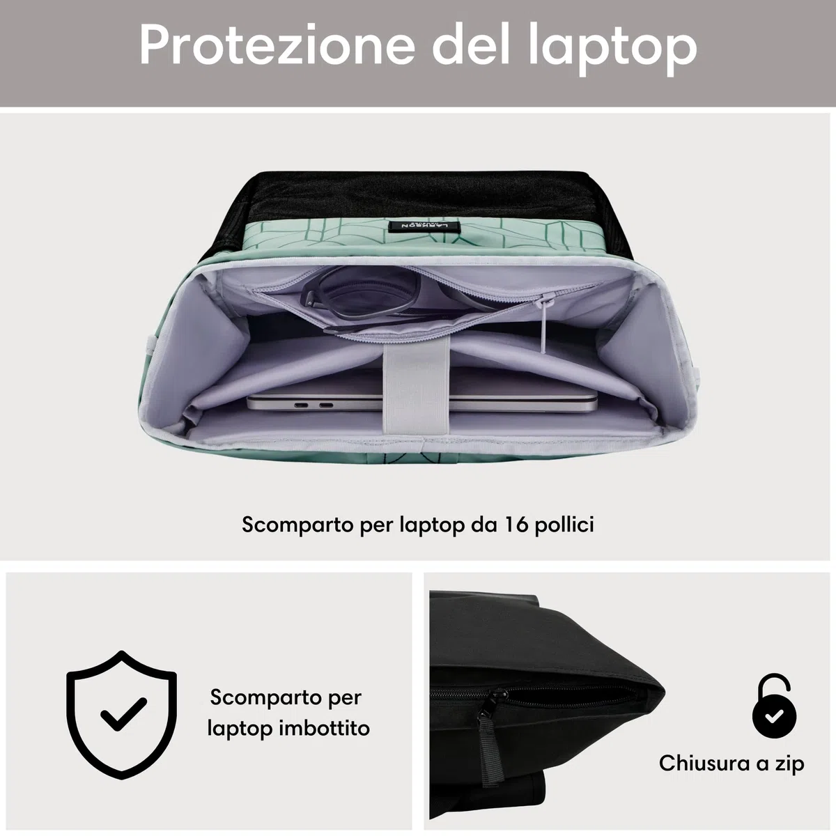 LARKSON Zaino Roll Top Uomo Donna - No 4 - Zainetto per Lavoro, Viaggio, Università - Porta Pc 16 Pollici - Materiale Sostenibile - Impermeabile