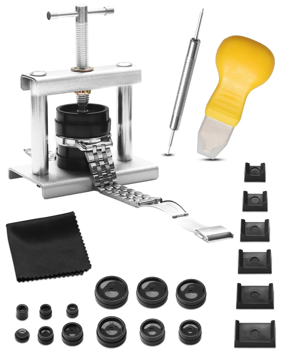 Kit Pressa Orologiaio Professionale – Chiudere Cassa Orologio con 18 Matrici – Strumento per Riparazione Orologi e Sostituzione Batteria