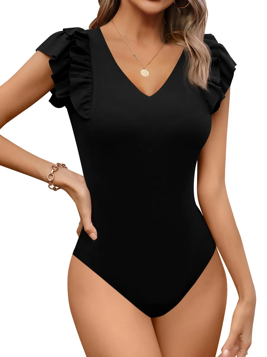 Missufe Body da donna elegante con volant, a maniche corte, scollo a V, estivo, top estivo